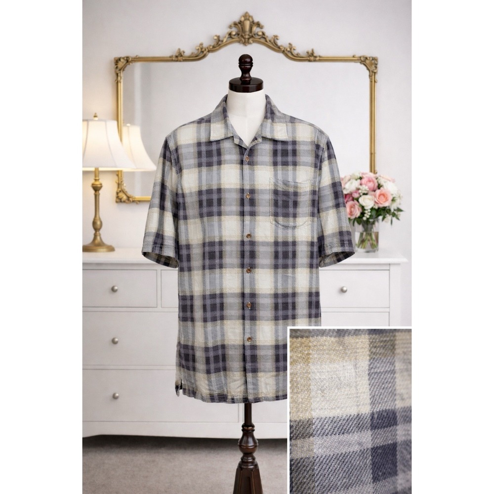 Tommy Bahama 100% Silk Camp Shirt Gray Plaid Button Front SS Mens Size‎ XL